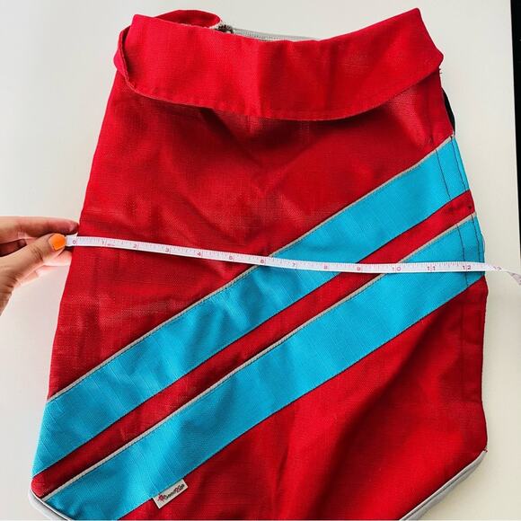 Red Blue Striped Grey Velcro Rain Coat Jacket Lined Leash Hole Collar Dog Puppy - Picture 6 of 11